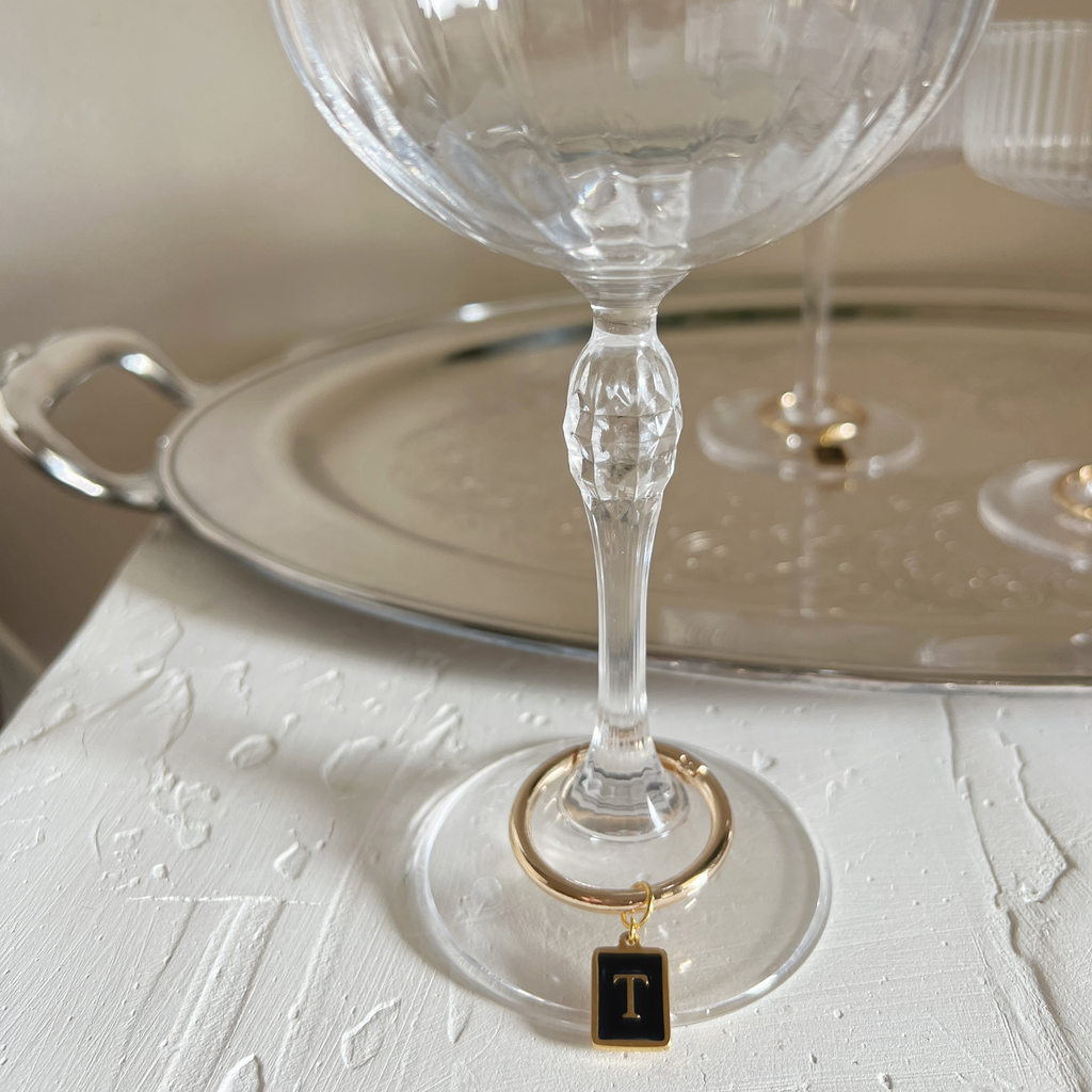 Vespera - Smooth Black Enamel Rectangle Monogram Wine Charms (Set of 4)