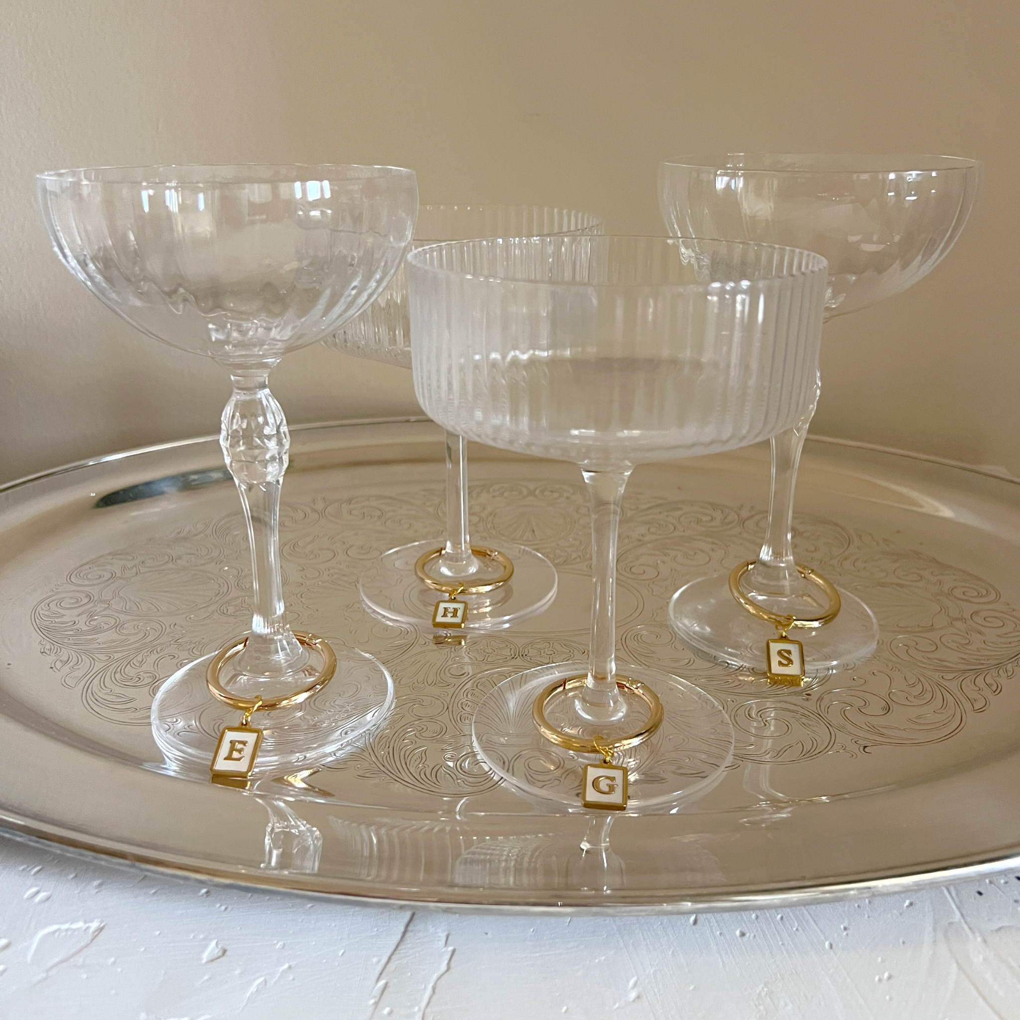 Celeste - Smooth Pearl Rectangle Monogram Wine Charms (Set of 4)