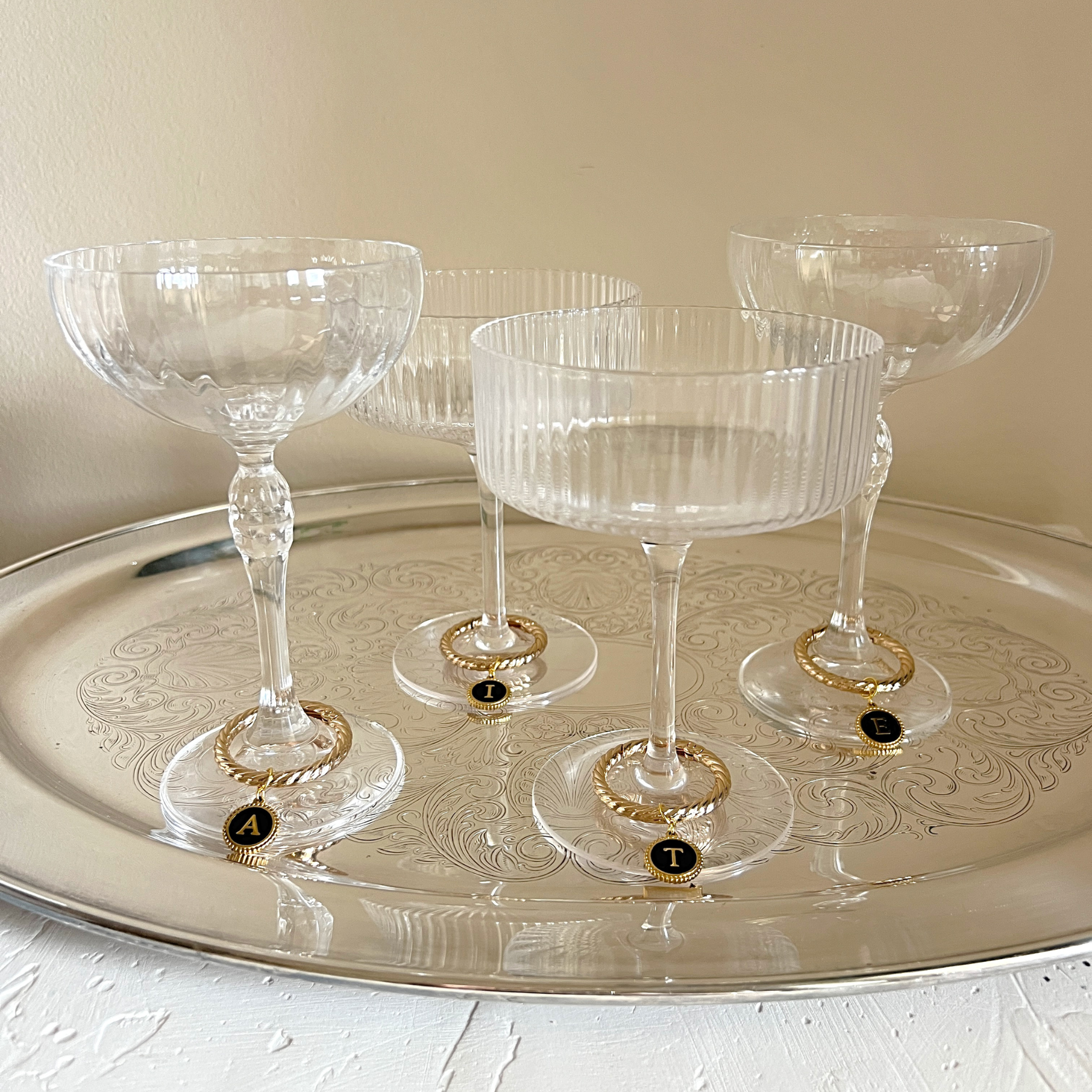 Zora - Beaded Round Black Monogram Wine Charms (Set of 4)