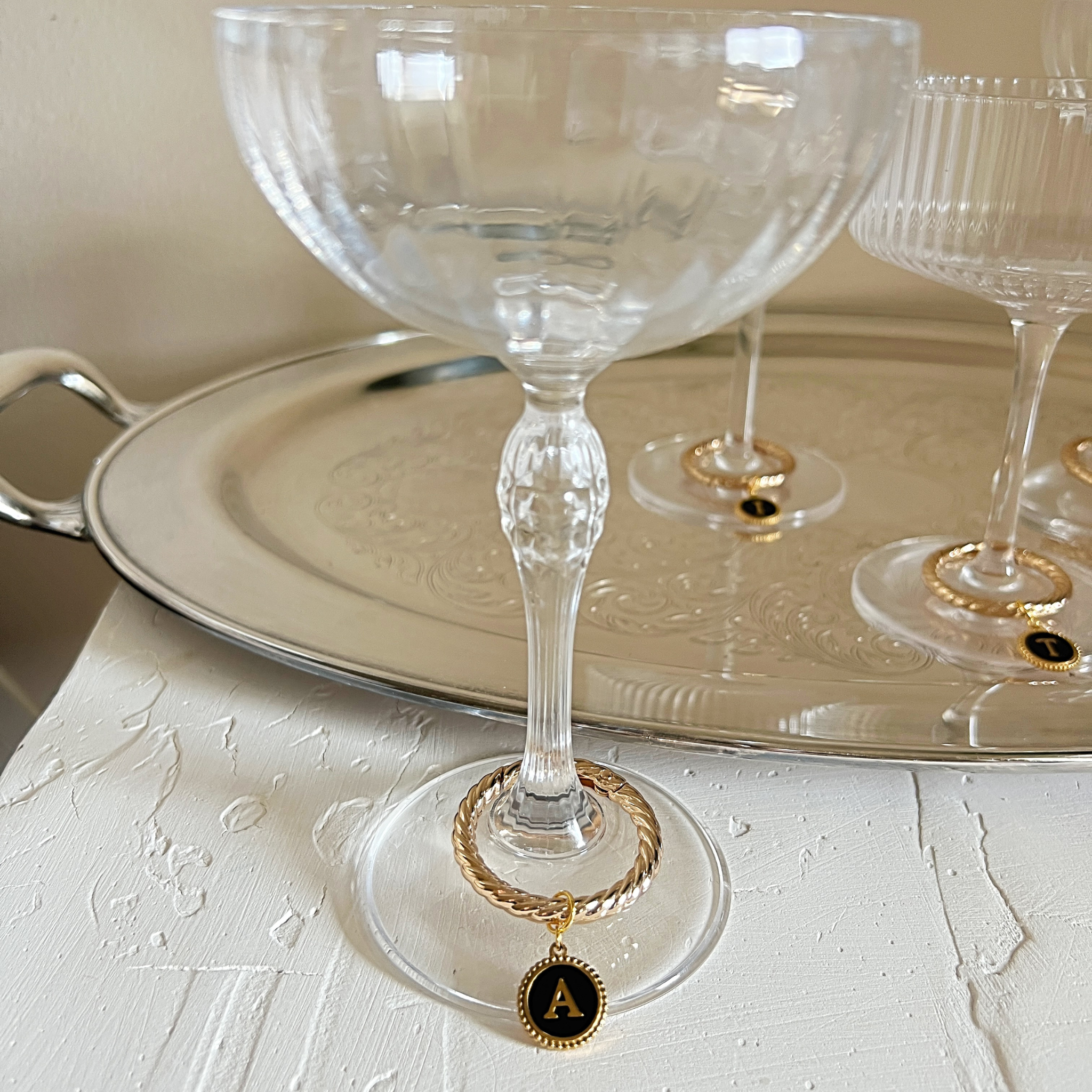 Zora - Beaded Round Black Monogram Wine Charms (Set of 4)