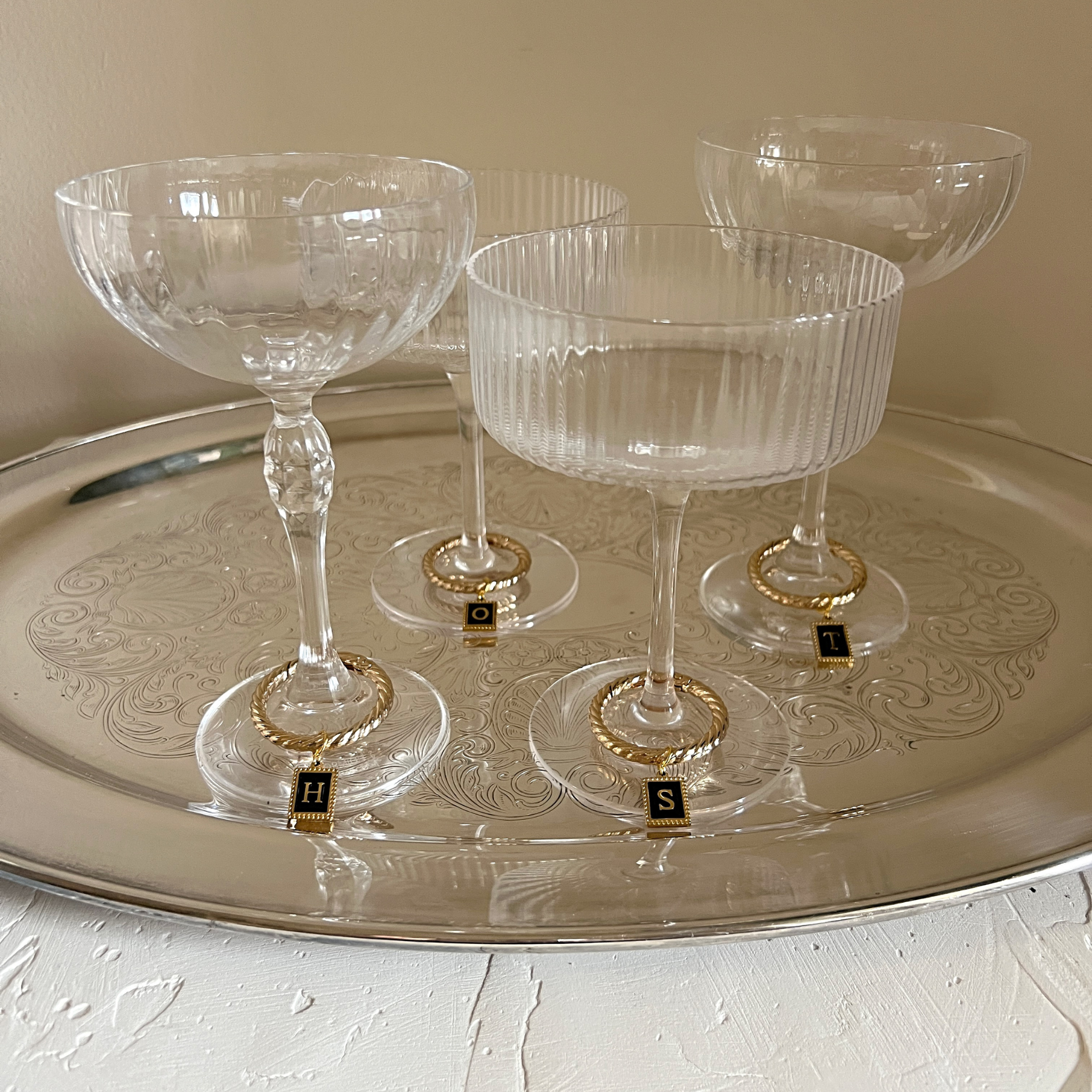 Gwen - Beaded Black Enamel Rectangle Monogram Wine Charms (Set of 4)