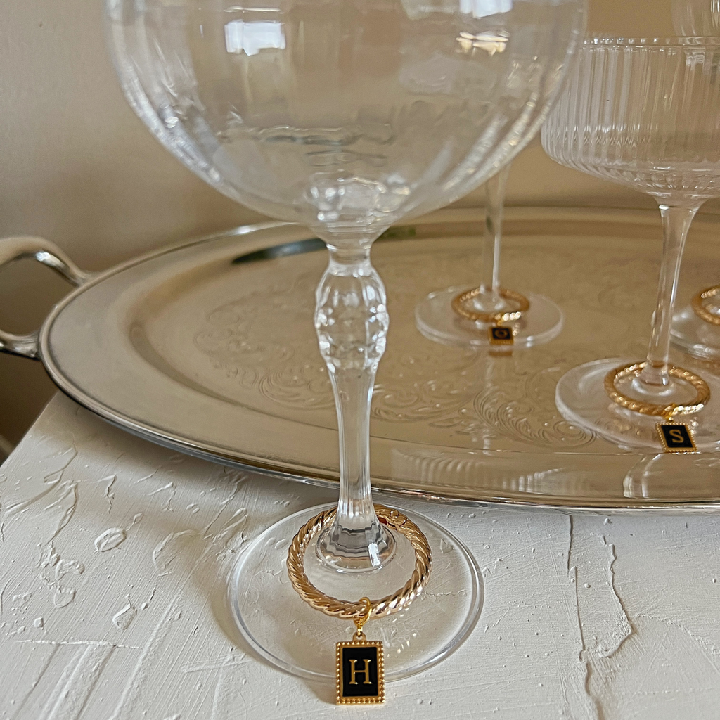 Gwen - Beaded Black Enamel Rectangle Monogram Wine Charms (Set of 4)