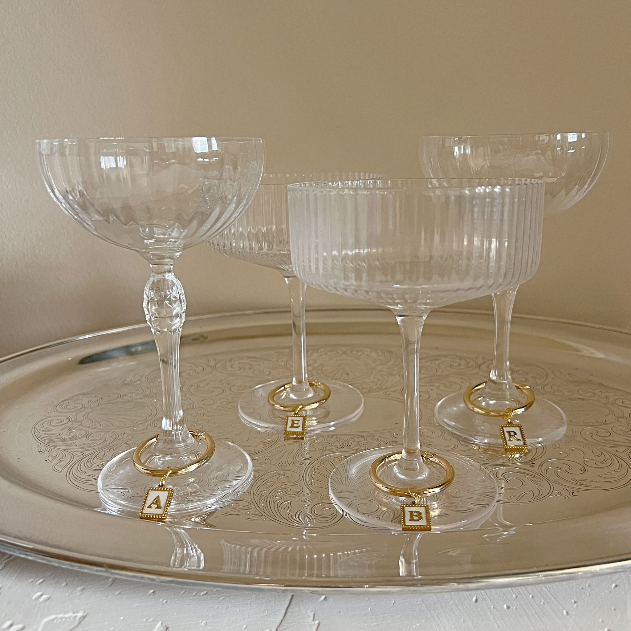 Charlotte - Beaded Pearl Rectangle Monogram Wine Charms (Set of 4)