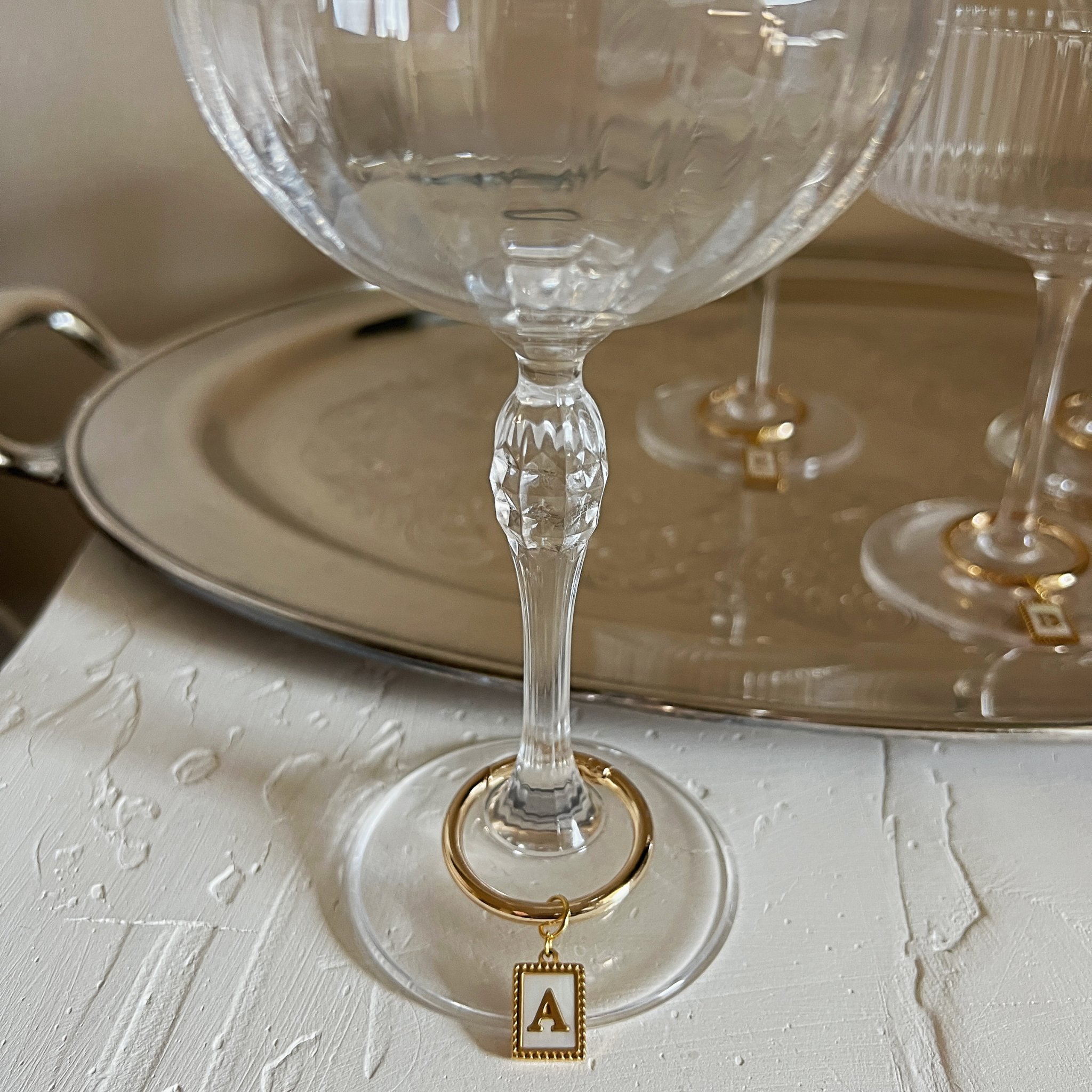 Charlotte - Beaded Pearl Rectangle Monogram Wine Charms (Set of 4)