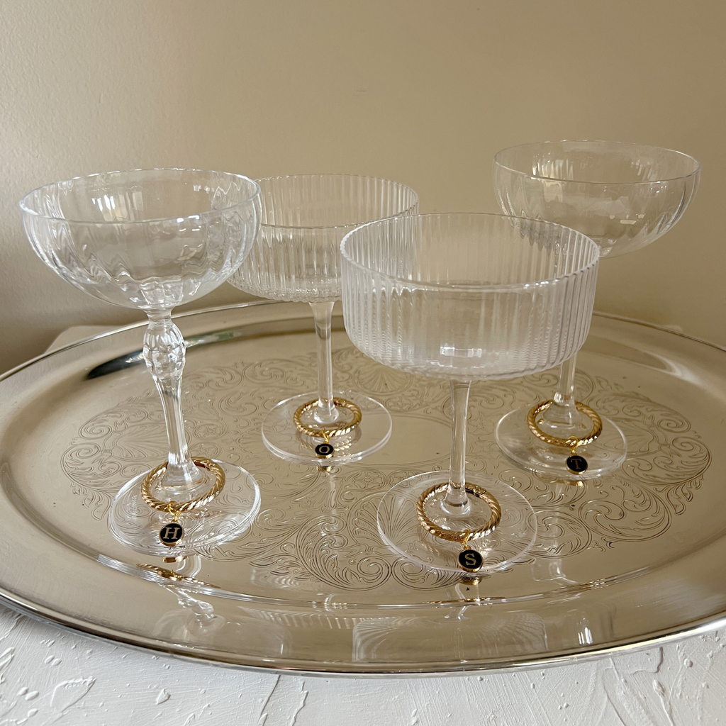 Estelle - Smooth Round Black Enamel Monogram Wine Charms (Set of 4)