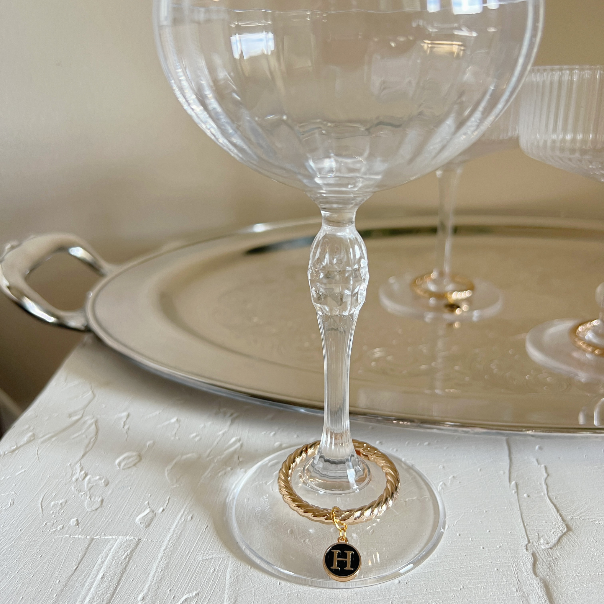 Estelle - Smooth Round Black Enamel Monogram Wine Charms (Set of 4)