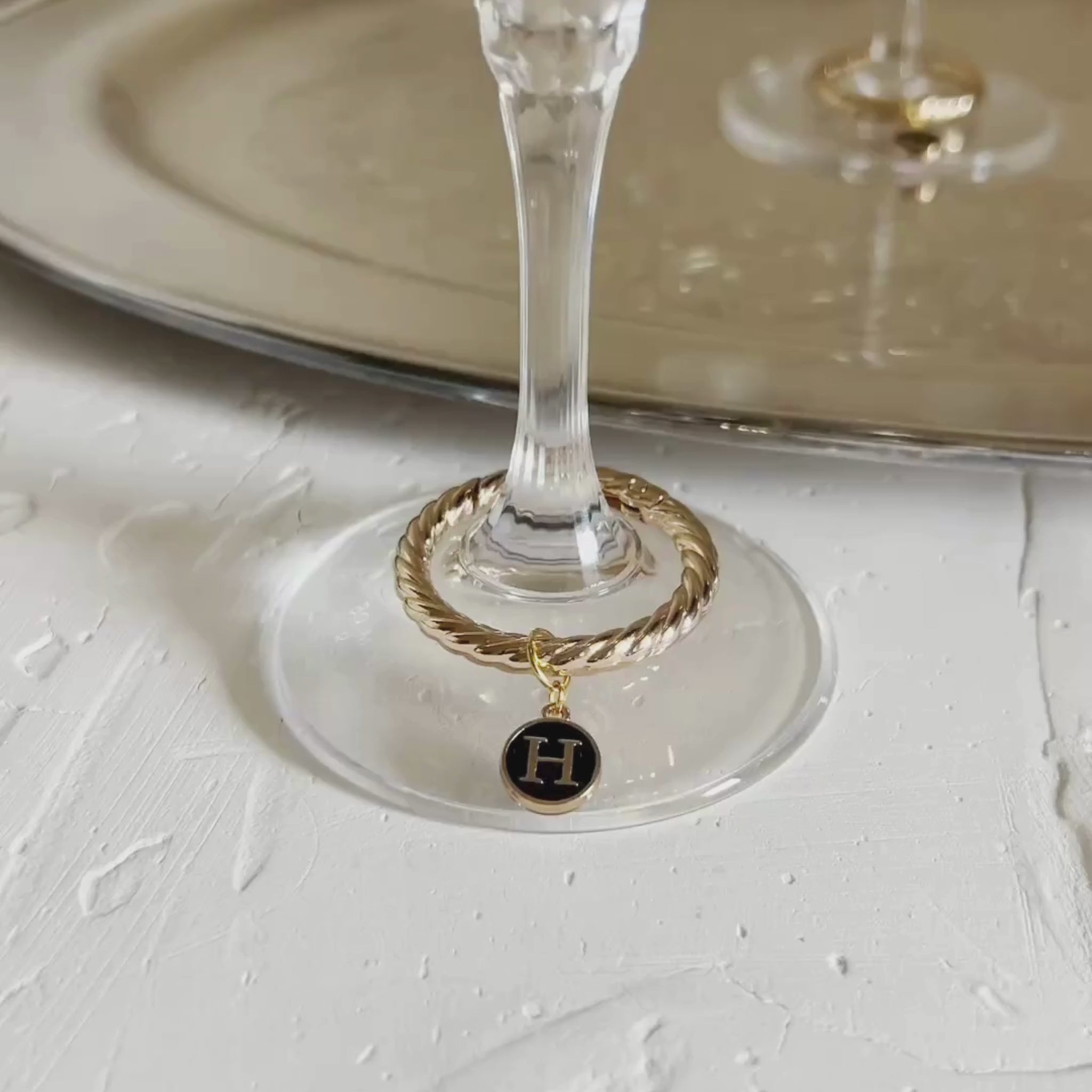 Estelle - Smooth Round Black Enamel Monogram Wine Charms (Set of 4)