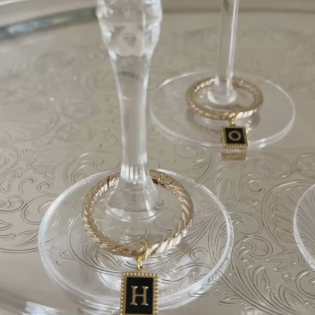 Gwen - Beaded Black Enamel Rectangle Monogram Wine Charms (Set of 4)