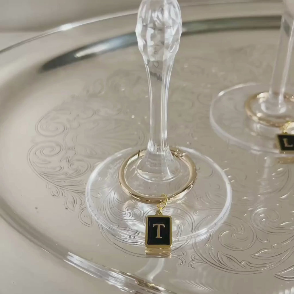 Vespera - Smooth Black Enamel Rectangle Monogram Wine Charms (Set of 4)