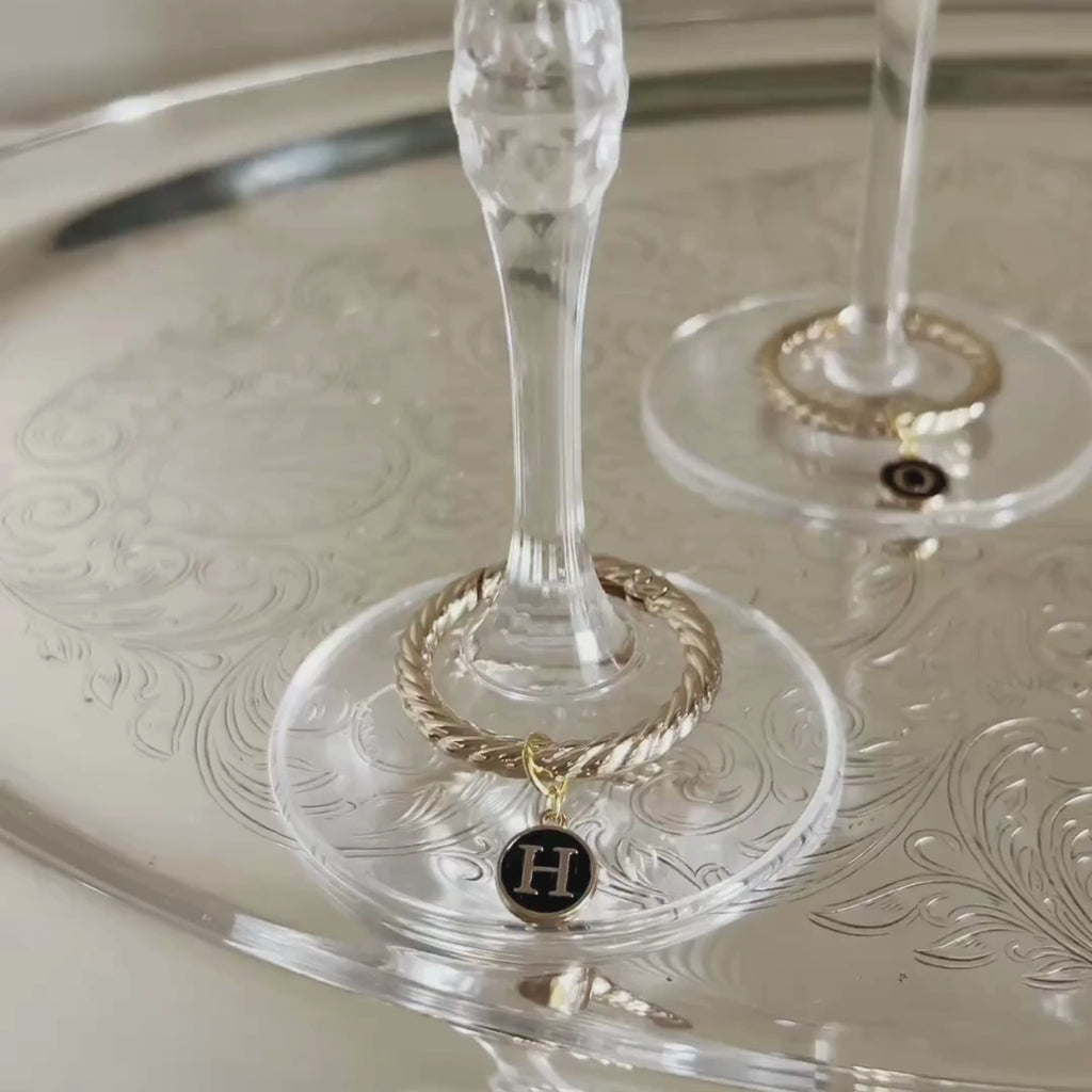 Estelle - Smooth Round Black Enamel Monogram Wine Charms (Set of 4)