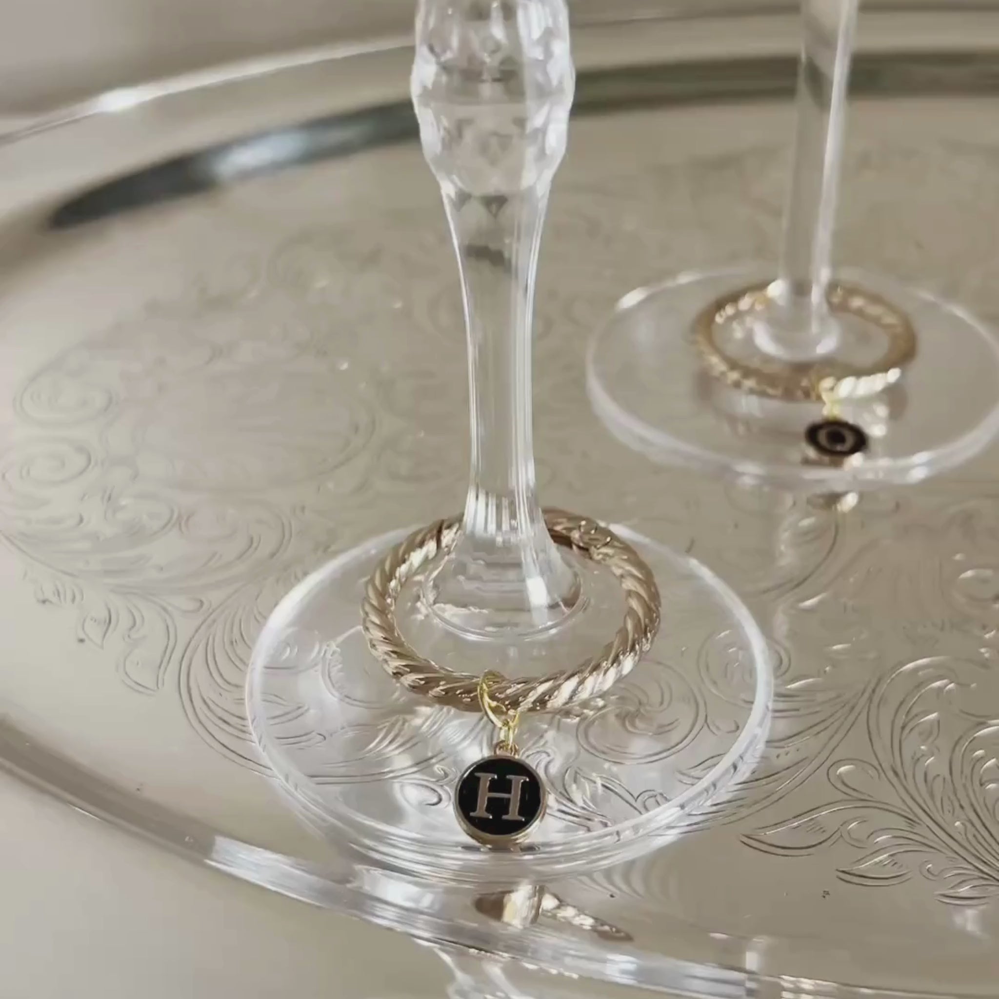 Estelle - Smooth Round Black Enamel Monogram Wine Charms (Set of 4)