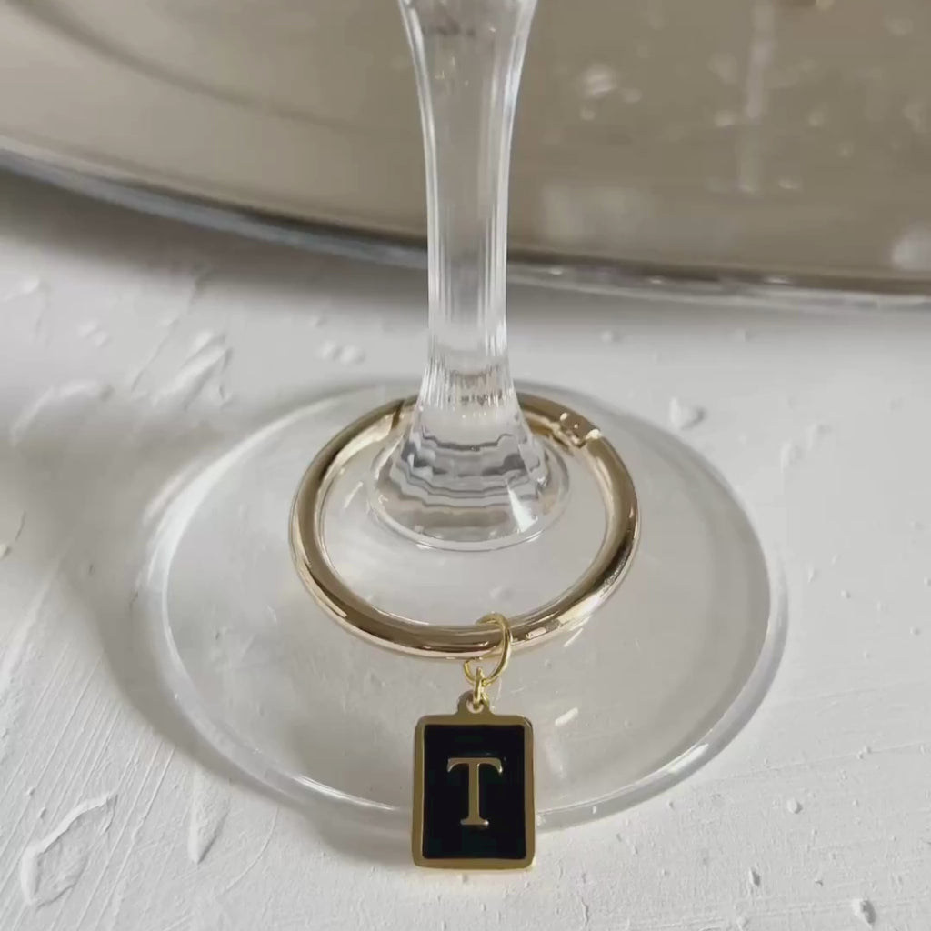 Vespera - Smooth Black Enamel Rectangle Monogram Wine Charms (Set of 4)