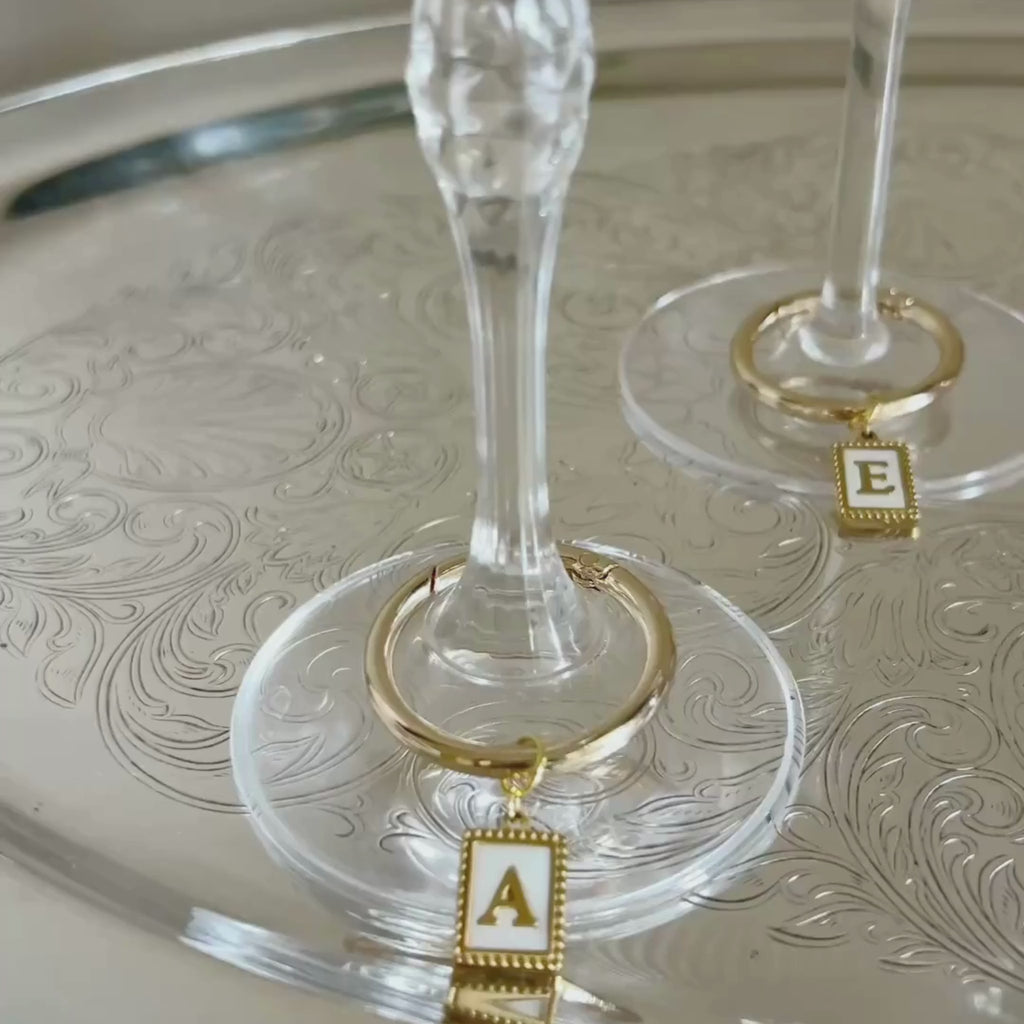 Charlotte - Beaded Pearl Rectangle Monogram Wine Charms (Set of 4)